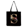 Black canvas tote bag with gold letter S and vintage floral print, casual shoulder bag for women. - Letter S Print (hm3186)