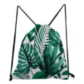 Tropical green leaf print drawstring backpack, casual canvas pocket bag for daily use. - Fresh Watercolor Tropical Leaf Style (sk4793)