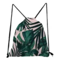 Tropical leaf printed drawstring backpack, casual fashion pink green shoulder bag for travel. - Pink Dark Green Tropical Leaf Style (sk4794)