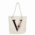 Canvas Tragetasche mit Blumen-Buchstabe V Druck, Freizeit Schultertasche fuer Alltag und Strand. - Buchstabe V (ms2479)