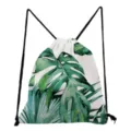 Tropical monstera leaf print drawstring backpack, stylish green botanical design casual daypack. - White Watercolor Green Leaf Style (sk4797)