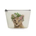 Close-up detail of the portable cosmetic bag featuring a cute lion cub and flower crown. - Lion Print (sn2768)