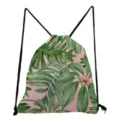 Floral print drawstring backpack green leaves casual lightweight gym sack for travel and daily use. - Pink Greenery Tropical Style (sk4800)