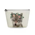 Close up detail view of the travel cosmetic bag featuring a cute wolf with floral crown print. - Wolf Print (sn2771)