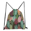 Tropical leaf pattern detail on black fabric drawstring backpack, lightweight storage pouch. - Caladium Taro Leaf Style (skk2421)