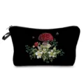 Detailed view of the black cosmetic bag featuring exquisite mushroom and floral embroidery. - Red and White Spotted Mushroom Embroidery Style (hz0508)