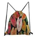 Botanical print drawstring backpack with colorful tropical leaf pattern for daily use. - Colorful Leaf Print Style (skk2422)