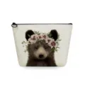 Close-up of canvas cosmetic bag with cute baby bear and floral crown print, secure zipper. - Bear Print (sn2772)