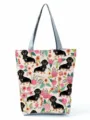 Joli sac cabas en toile avec imprimé teckel et fleurs, sac à main décontracté pour voyage. - Style Teckel Floral (hl1524)