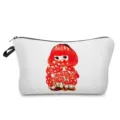 Detailed close-up of the cute mushroom girl print design on the portable makeup bag. - Red Mushroom Girl Watercolor Style (hz0836)