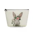 Close-up detail of the cute bunny and floral wreath print on the portable canvas makeup pouch. - Rabbit with Wreath Print (sn2777)