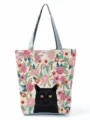 Sac cabas en toile avec imprimé chat noir et fleurs, joli sac porté épaule quotidien. - Style Chat Noir Floral Rétro Fait Main (hl2977)