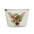 Portable canvas cosmetic bag featuring a cute fawn and floral print detail design. - Deer with Wreath Print (sn2782)