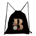 Schwarzer Rucksack mit Kordelzug, modischer Turnbeutel mit Blumen Buchstabe B fuer Studenten. - Buchstabe B Blumenmuster Stil (sk3236)