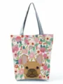 Vue détaillée du sac cabas imprimé bouledogue français et fleurs, fourre-tout tendance. - Style Bouledogue Français Dessin Animé Floral Rétro (hl2978)