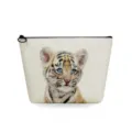 Portable linen makeup bag with cute baby tiger print, ideal for travel and daily storage. - White Tiger Print (sn2786)