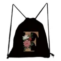 Schwarzer Kordelzug-Rucksack mit vintage Blumen-Buchstaben-F-Druck, stilvoll und praktisch. - Buchstabe F Blumenmuster Stil (sk3184)