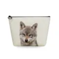 Detail shot of canvas toiletry makeup pouch featuring a realistic wolf print design. - Wolf Head Print (sn2787)