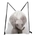 White drawstring backpack with cute baby elephant print lightweight casual school cinch bag. - Elephant Style (sk2764)