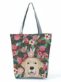 Sac cabas en toile imprimé canin floral sac à épaule décontracté sac de voyage shopping - Style Botanique Labrador Dessin Animé Fond Foncé (hl2993)