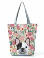 Sac Cabas Imprimé Bouledogue Français Fleurs Toile Sac à Main Épaule Casual Quotidien - Style Cabas Bouledogue Français Fond Floral (hl2994)