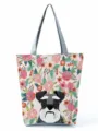 Vue détaillée du sac cabas en toile avec imprimé floral et chien schnauzer idéal. - Style Sac à Main Schnauzer Floral Rétro Exquis (hl2995)