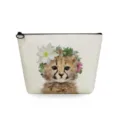Detailed view of cute cheetah flower print cosmetic makeup bag, portable travel pouch design. - Little Cheetah and Wreath Print (sn2792)
