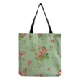 Detailansicht der Vintage rosa Rosen Baumwolle Leinen Tragetasche mit grünem Blumenmuster. - Hellgrüne Basis Rosa Rose Pünktchen Stil (hm1057)