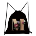 Schwarzer Kordelzug Rucksack mit goldenem Buchstaben M Vintage Blumenmuster Freizeit - Buchstabe M Blumenmuster Stil (sk3185)