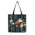 Detailansicht der vintage botanischen Blumentragetasche mit elegantem Rosenmuster in Dunkelblau. - Dunkelblaue Basis Retro Rose Botanischer Stil (hm0223)