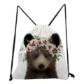 Leuke bloemen beer print witte trekkoord rugzak casual lichtgewicht schooltas dagelijks - Bloemenkrans Beer Stijl (sk2772)