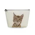 Close-up of the canvas cosmetic pouch featuring a cute printed lynx pattern and black zipper. - Lynx Print (sn2800)
