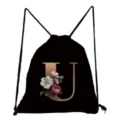 Schwarzer Kordelzug Rucksack mit Blumen und goldenem Buchstabe U, modische Freizeittasche. - Buchstabe U Blumenmuster Stil (sk3396)