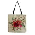 Canvas tote bag with watercolor red rose floral print, durable black shoulder straps for daily. - Natural Linen Color Watercolor Red Pink Floral Style (hm0697)