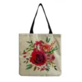 Cotton linen canvas tote bag with watercolor rose print, reusable casual shoulder bag. - Watercolor Red Rose Green Leaves Style (hm0698)