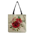 Watercolor red rose linen shopping bag reusable eco-friendly canvas tote shoulder handbag for daily use - Beige Watercolor Red Rose Green Leaves Print Style (hm0699)