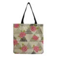 Canvas tote bag with pink rose and geometric triangle print, stylish reusable shopping bag. - Retro Linen Color Pink Rose Geometric Collage Style (hm1003)