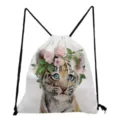 Schattige tiger cub bedrukte witte trekkoord rugzak, lichtgewicht casual studenten tas. - Bloemenkrans Tijger Stijl (sk2783)