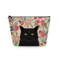 Floral black cat makeup bag detail, vintage floral print cosmetic storage pouch with zipper. - Black Cat & Flowers (sn2977)