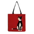 Red canvas tote bag featuring a cute black white cat print, sturdy handles, daily shopping bag. - Red Background Cat Style (hm3549)