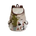 Nahaufnahme des Canvas-Rucksacks mit niedlichem Katzen- und Topfpflanzen-Print und Brauntönen. - Katze und Pflanze Stil (sj3560)
