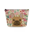 Close-up of portable canvas makeup pouch featuring cute French bulldog and floral print details. - French Bulldog Floral (sn2978)