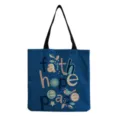 Blue canvas tote bag detail, featuring colorful faith hope peace typography and cute bird print. - Blue Base Bird Floral Letter Style (hm0522)