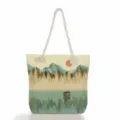 Λεπτομέλεια τσάντας tote από καμβά με vintage εκτύπωση τοπίου και ανθεκτική λαβή από σχοινί. - Βίντατζ Λίμνη Τοπίου(ms3103)