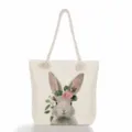 Τσάντα tote καμβά με κουνέλι και λουλούδια, casual τσάντα ώμου για καθημερινή χρήση. - Στυλ εκτύπωσης στεφάνι με τριαντάφυλλα και κουνέλι (ms2777)
