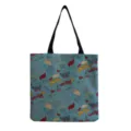 Cotton linen tote bag with cartoon English letters print, casual single shoulder shopping bag. - Blue All-Over Print Trend English Graffiti Style (hm0659)