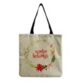 Reusable canvas tote bag with winter holiday wreath print, casual shoulder shopping bag. - Natural Linen Festive Wreath Botanical Style (hm1021)