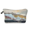 Vue détaillée de la trousse de maquillage avec paysage abstrait, fermeture éclair et poignée. - Style Imprimé Paysage (hz3127)