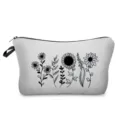 Nahaufnahme der weißen Kosmetiktasche mit schwarzem Linienkunst Blumen-Design und Reißverschluss. - Linienzeichnung Blumenstil (hz3359)