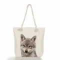 Τσάντα tote από καμβά με τύπωμα λύκου, casual γυναικεία τσάντα ώμου, τσάντα παραλίας. - Εκτύπωση Λύκου (ms2787)